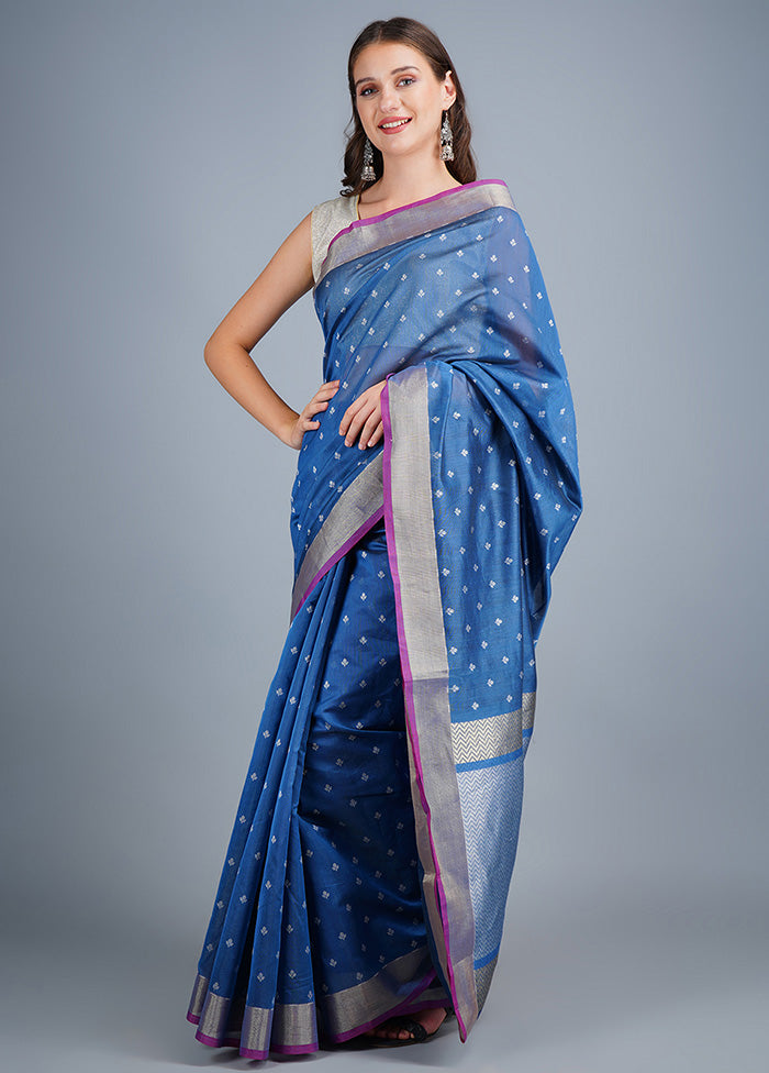 Blue Dupion Silk Saree With Blouse Piece - Indian Silk House Agencies