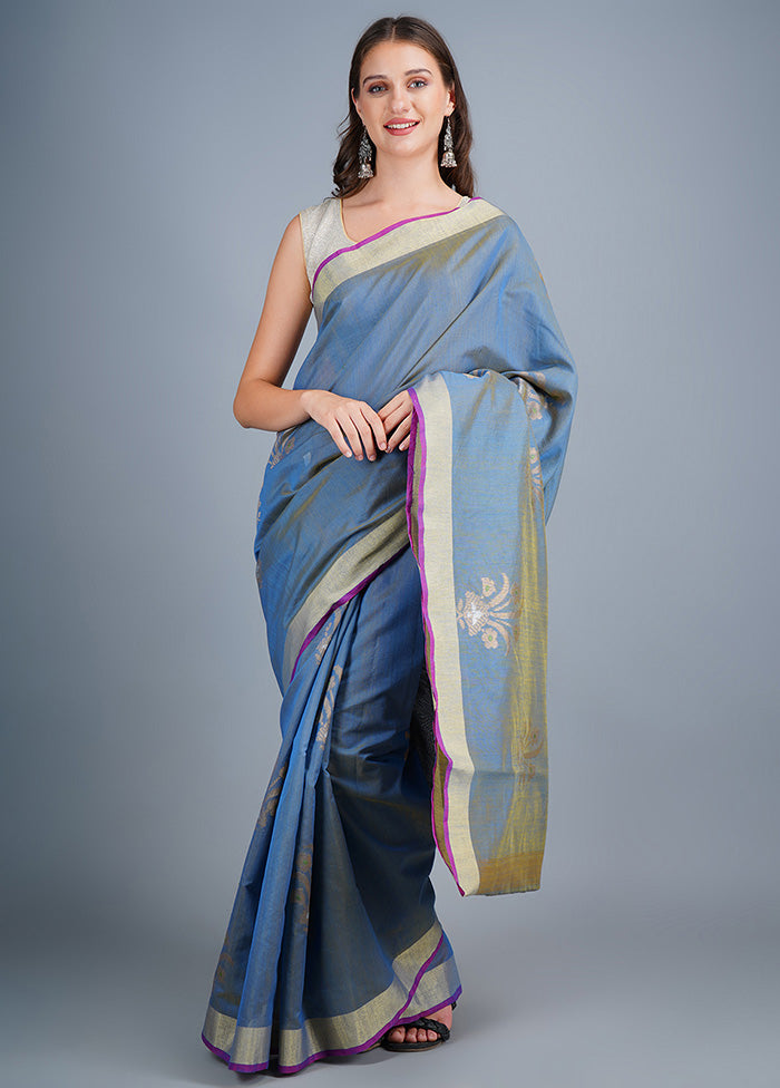 Blue Dupion Silk Saree With Blouse Piece - Indian Silk House Agencies