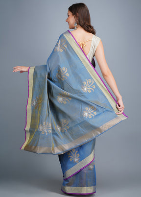 Blue Dupion Silk Saree With Blouse Piece - Indian Silk House Agencies