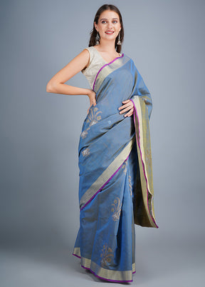 Blue Dupion Silk Saree With Blouse Piece - Indian Silk House Agencies