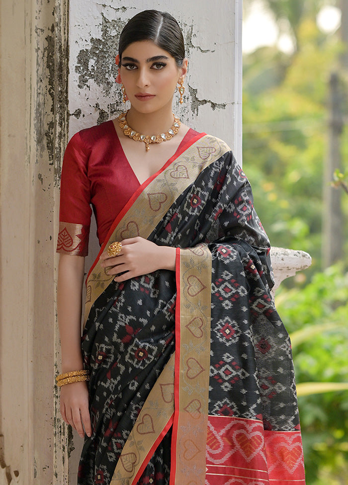 Black Spun Silk Saree With Blouse Piece