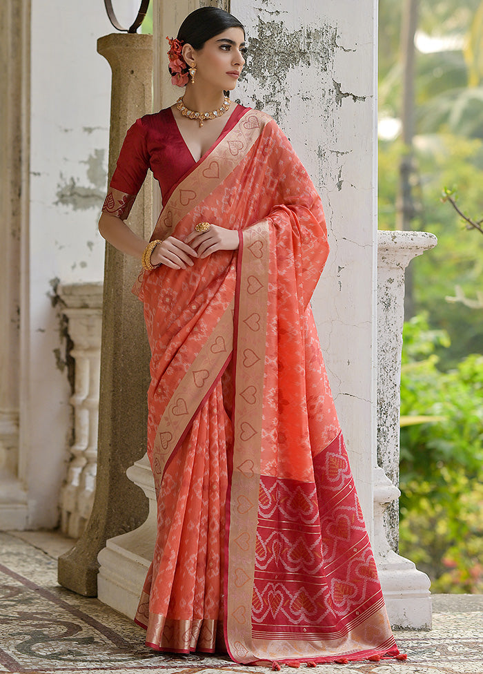 Peach Spun Silk Saree With Blouse Piece