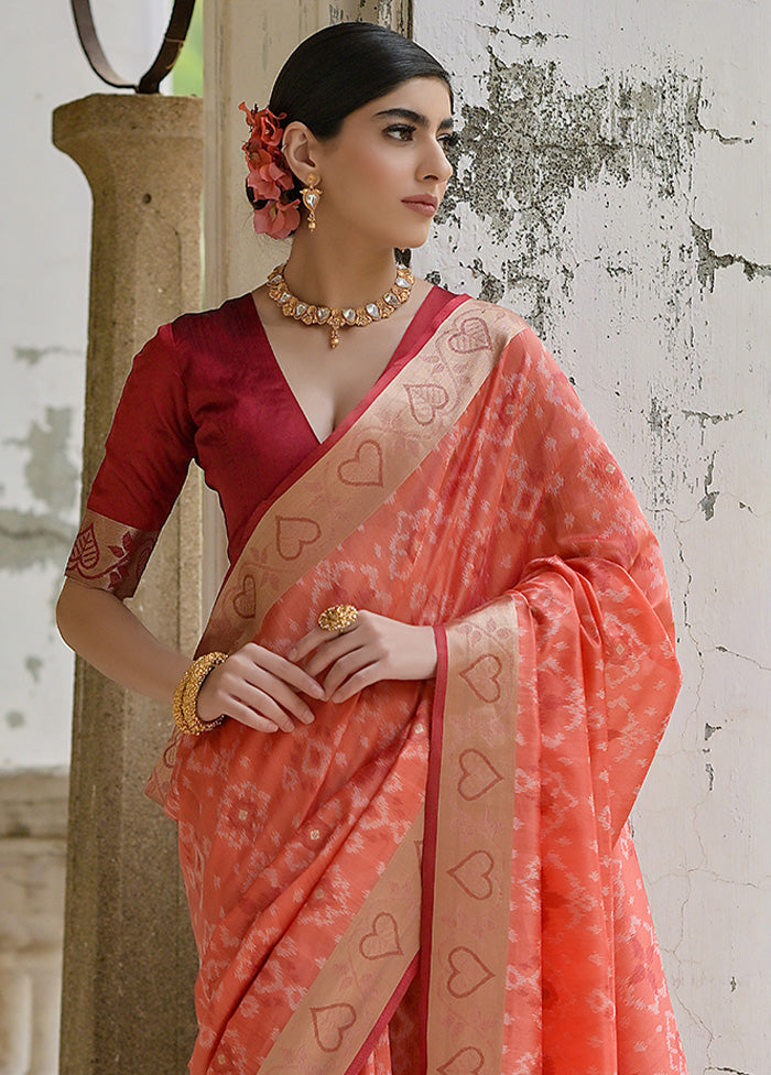 Peach Spun Silk Saree With Blouse Piece