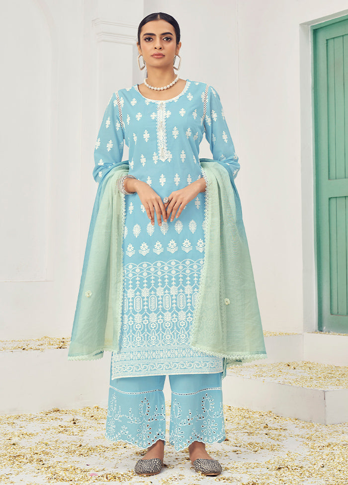 3 Pc Sky Blue Pure Readymade Cotton Suit Set