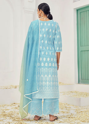 3 Pc Sky Blue Pure Readymade Cotton Suit Set