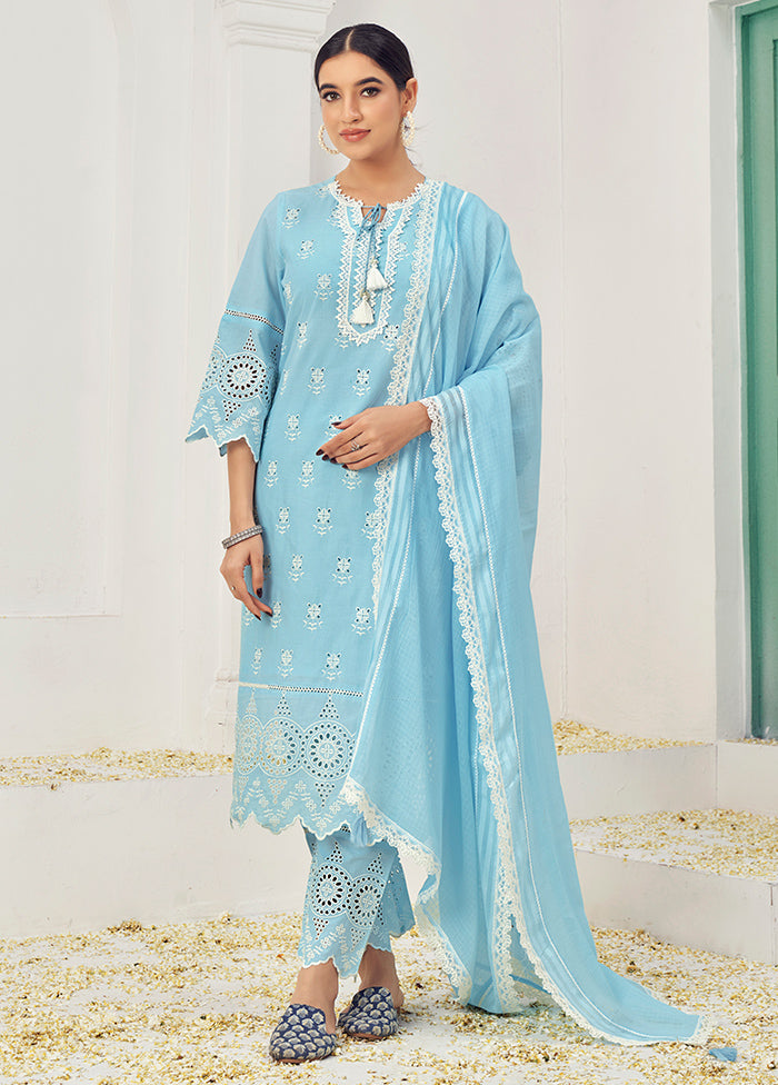 3 Pc Blue Pure Readymade Cotton Suit Set