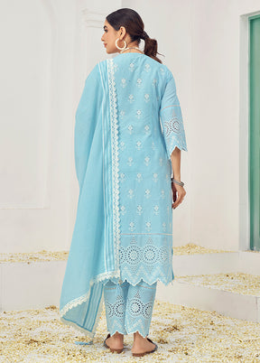 3 Pc Blue Pure Readymade Cotton Suit Set