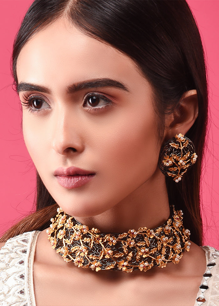 Black Antique Gold Choker Necklace Earrings With Push Back - Indian Silk House Agencies
