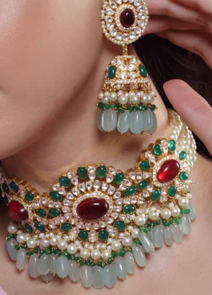 Gold Plating Ethnic Chokher Necklace Earrings With Push - Indian Silk House Agencies