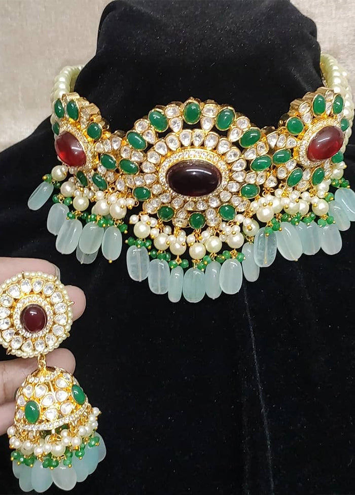 Gold Plating Ethnic Chokher Necklace Earrings With Push