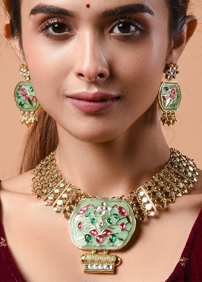 Hand Made Necklace In Semi Precious Meena With Earrings - Indian Silk House Agencies