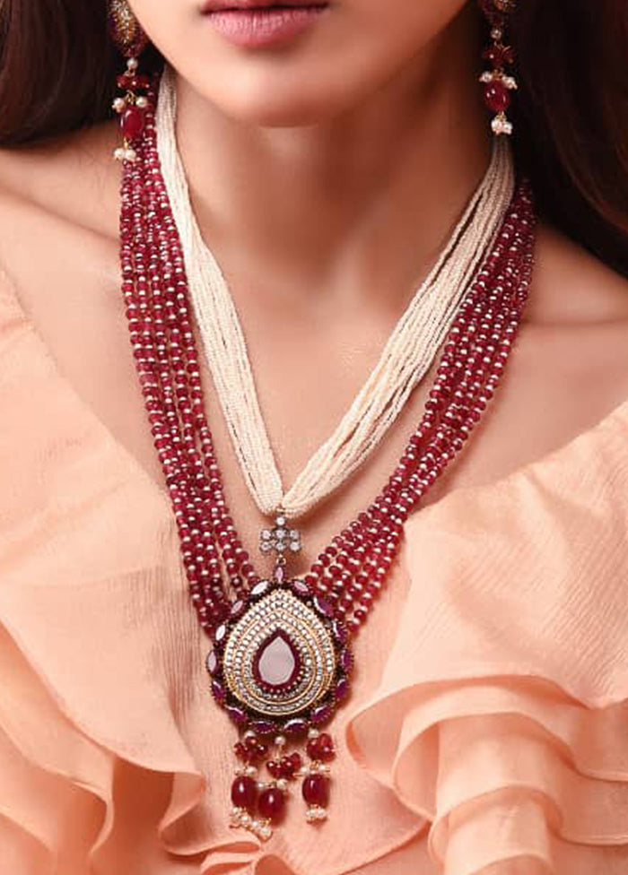 Pink Semi Precious Stone Antique Gold Polish Hand Made Mala With Earrings Set - Indian Silk House Agencies