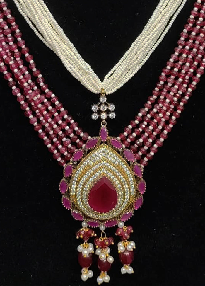 Pink Semi Precious Stone Antique Gold Polish Hand Made Mala With Earrings Set - Indian Silk House Agencies