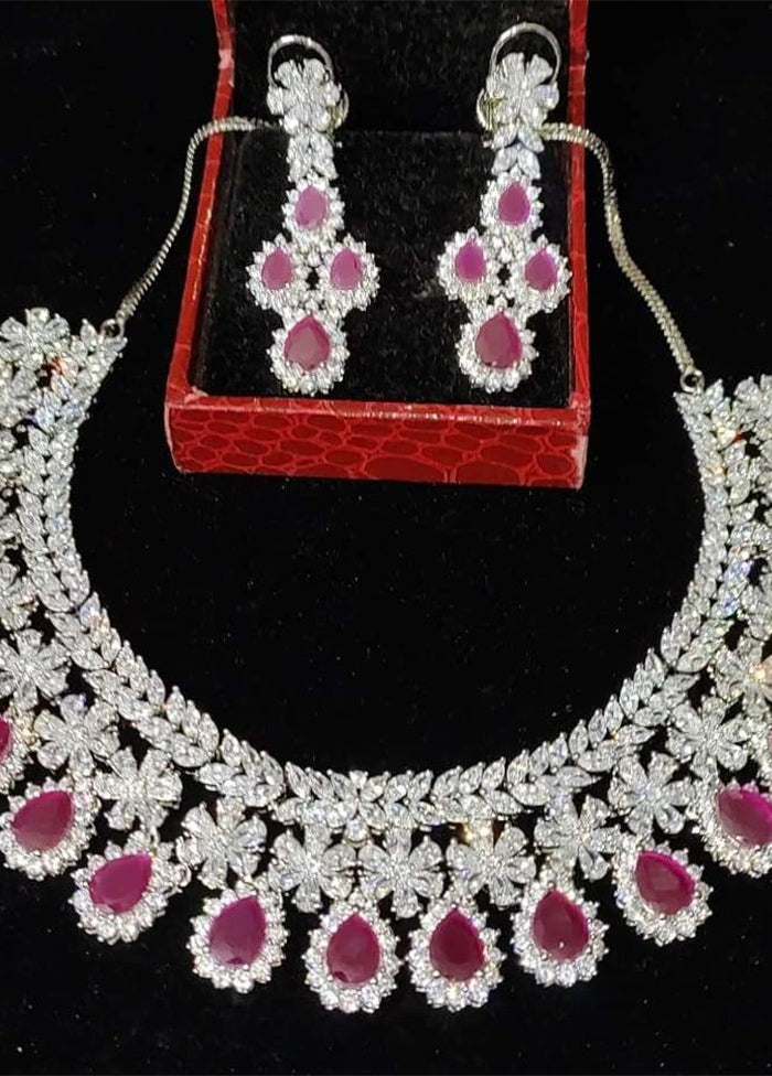 Silver Plating Korean Cz Semi Precious Ruby Stones Necklace With Earrings Set - Indian Silk House Agencies