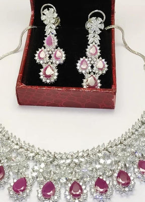 Silver Plating Korean Cz Semi Precious Ruby Stones Necklace With Earrings Set