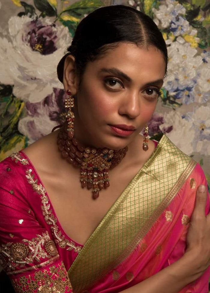 Peach Kundan Semi Precious Stones Gold Plating Necklace With Earrings Set - Indian Silk House Agencies