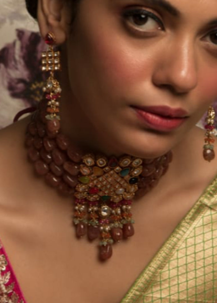 Peach Kundan Semi Precious Stones Gold Plating Necklace With Earrings Set
