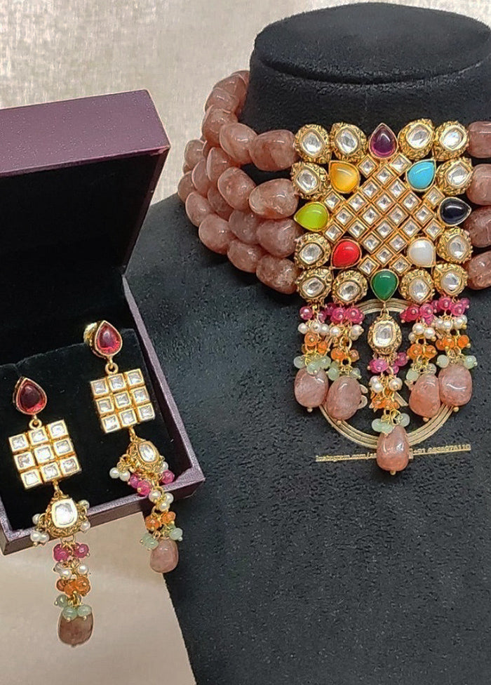 Peach Kundan Semi Precious Stones Gold Plating Necklace With Earrings Set - Indian Silk House Agencies