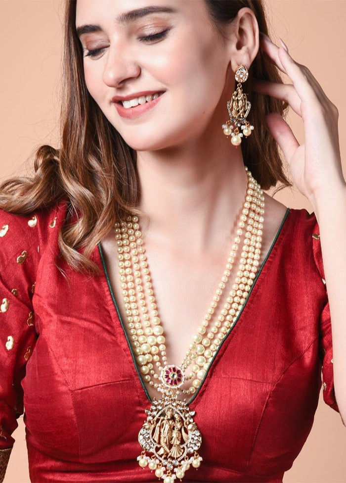 Cream Round Pearls In Graduation Gold Plated Uncut Polki Necklace Set - Indian Silk House Agencies