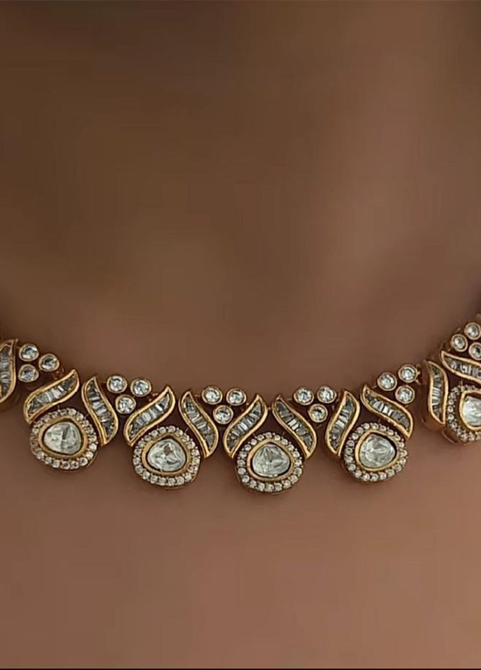Sleek Uncut Polki Antique Gold Plated Necklace Set - Indian Silk House Agencies