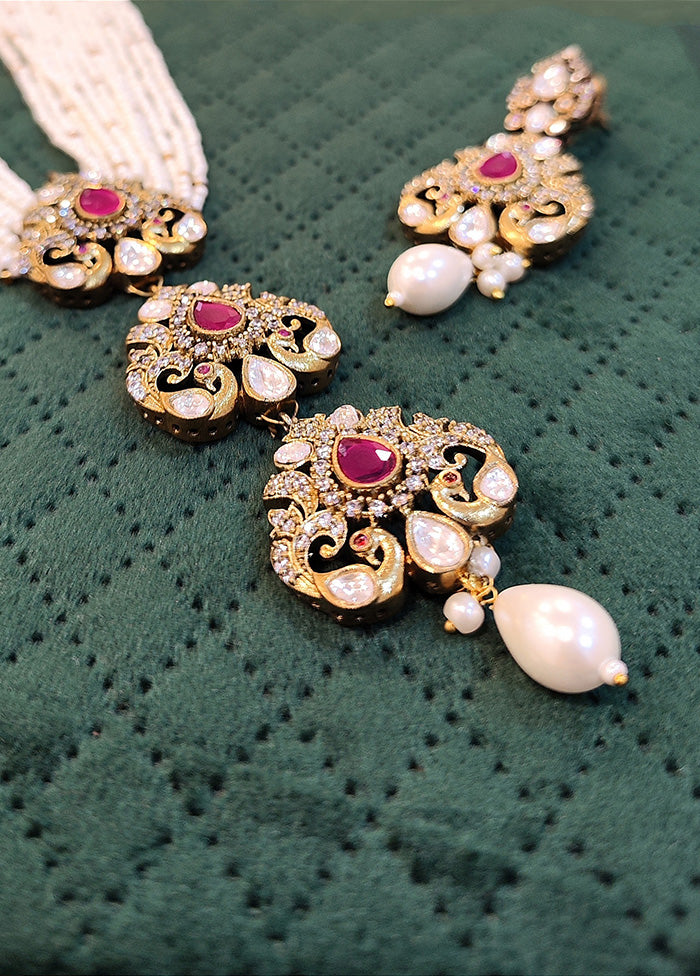 Triple Uncut Polki Pendents Swirled With Small Pearls Antique Gold Plated Necklace Set - Indian Silk House Agencies