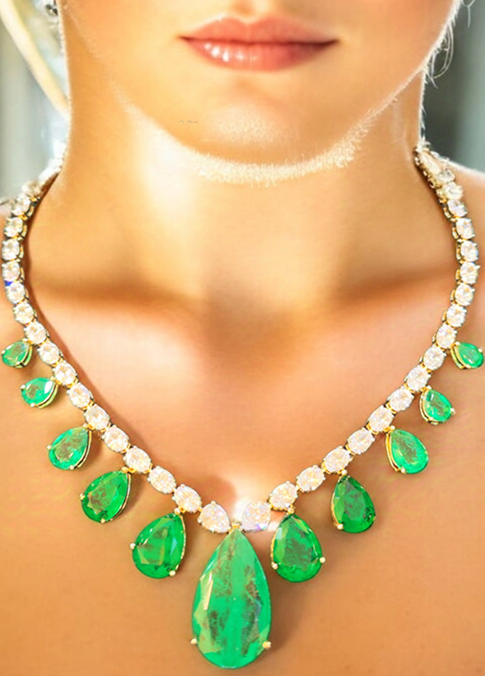 Green Doublet Emerald Gold Polish Korean Cz Necklace With Earrings Set