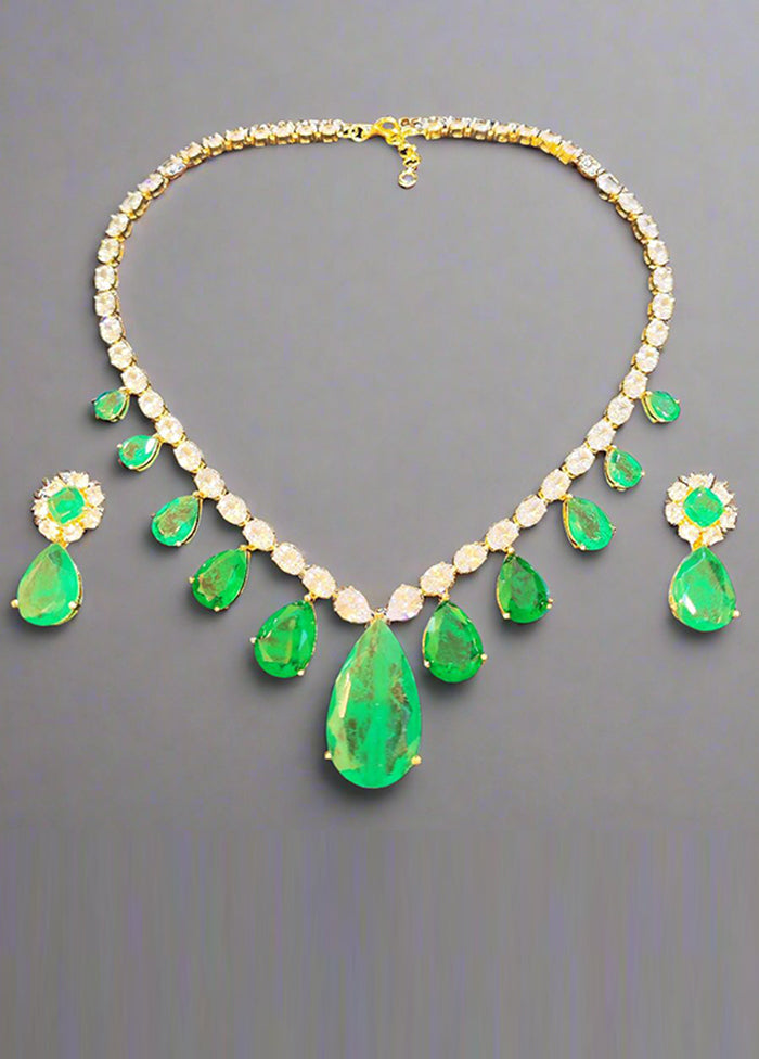 Green Doublet Emerald Gold Polish Korean Cz Necklace With Earrings Set