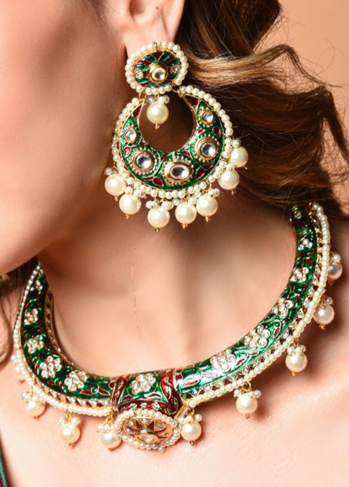 Green Gold Polish Meena Handwork Necklace With Earrings Set