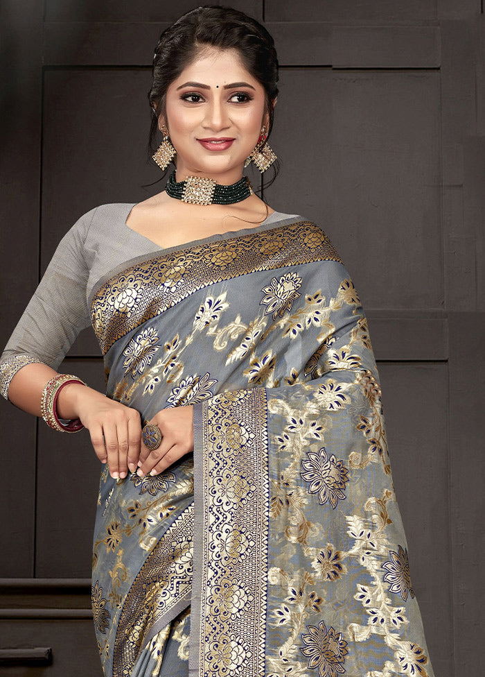 Grey Cotton Woven Saree With Blouse Piece - Indian Silk House Agencies