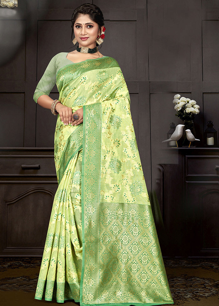 Green Cotton Woven Saree With Blouse Piece - Indian Silk House Agencies
