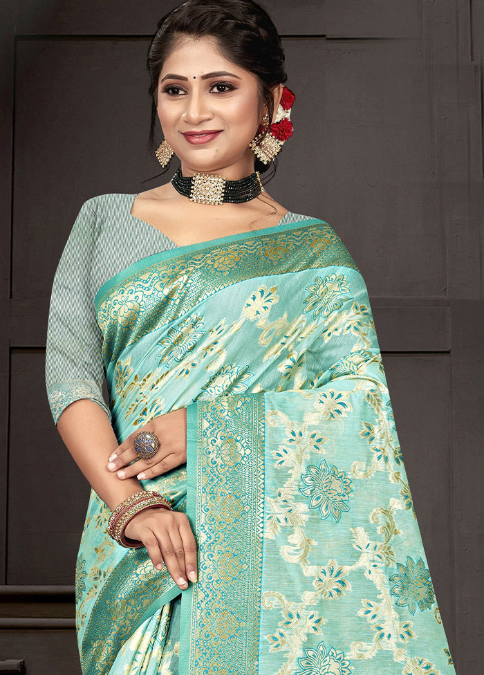 Turquoise Cotton Woven Saree With Blouse Piece - Indian Silk House Agencies