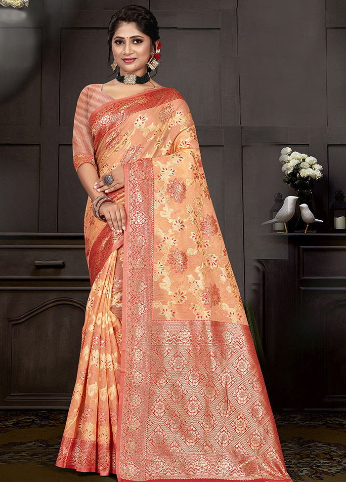 Light Orange Cotton Woven Saree With Blouse Piece - Indian Silk House Agencies