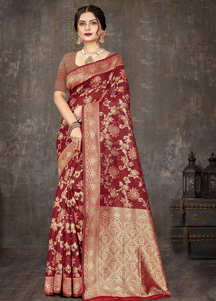 Red Cotton Woven Saree With Blouse Piece - Indian Silk House Agencies