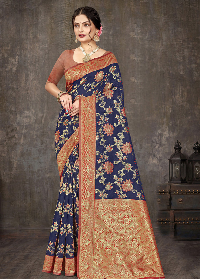 Navy Blue Cotton Woven Saree With Blouse Piece - Indian Silk House Agencies
