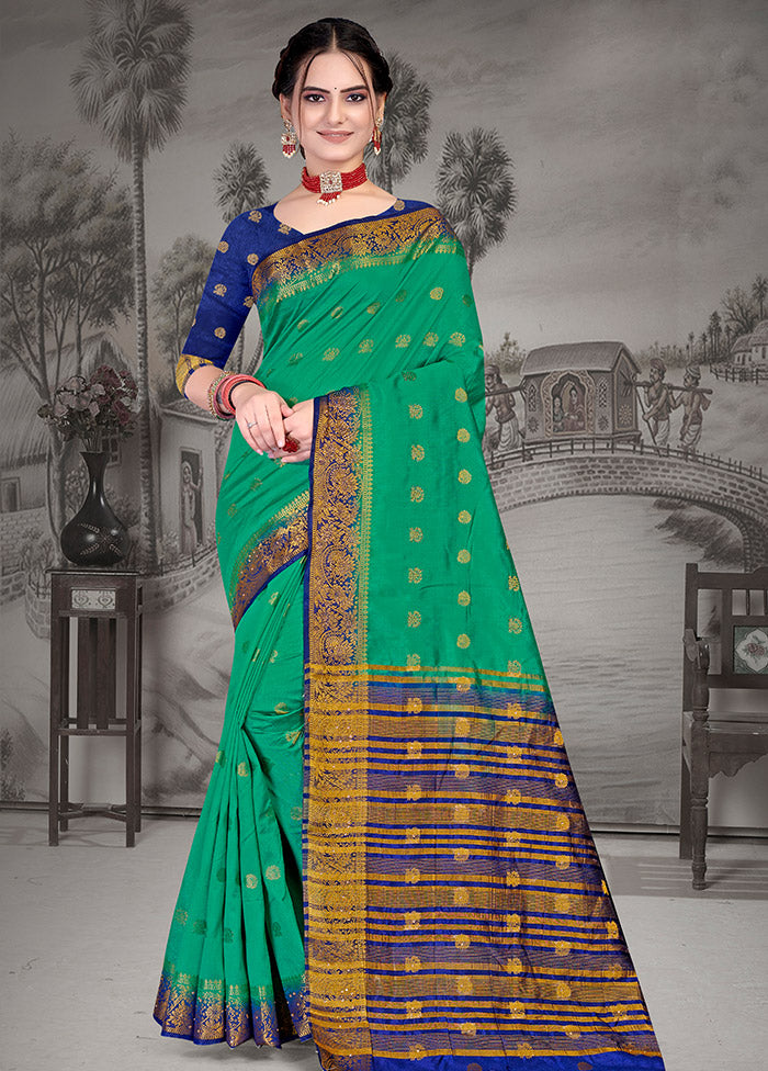 Green Spun Silk Woven Saree With Blouse Piece - Indian Silk House Agencies