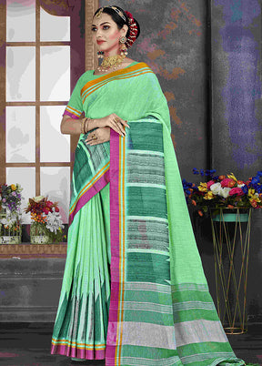 Turquoise Cotton Saree With Blouse Piece - Indian Silk House Agencies