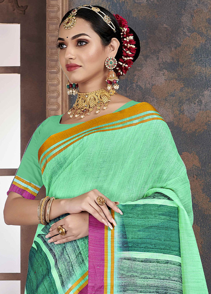 Turquoise Cotton Saree With Blouse Piece - Indian Silk House Agencies