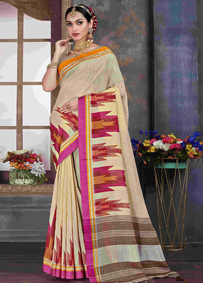 Beige Cotton Saree With Blouse Piece - Indian Silk House Agencies