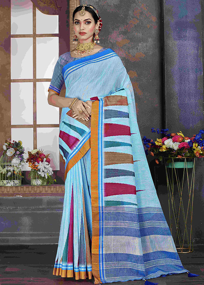 Sky Blue Cotton Saree With Blouse Piece - Indian Silk House Agencies