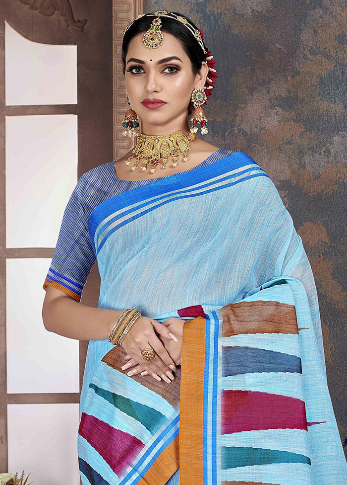 Sky Blue Cotton Saree With Blouse Piece - Indian Silk House Agencies