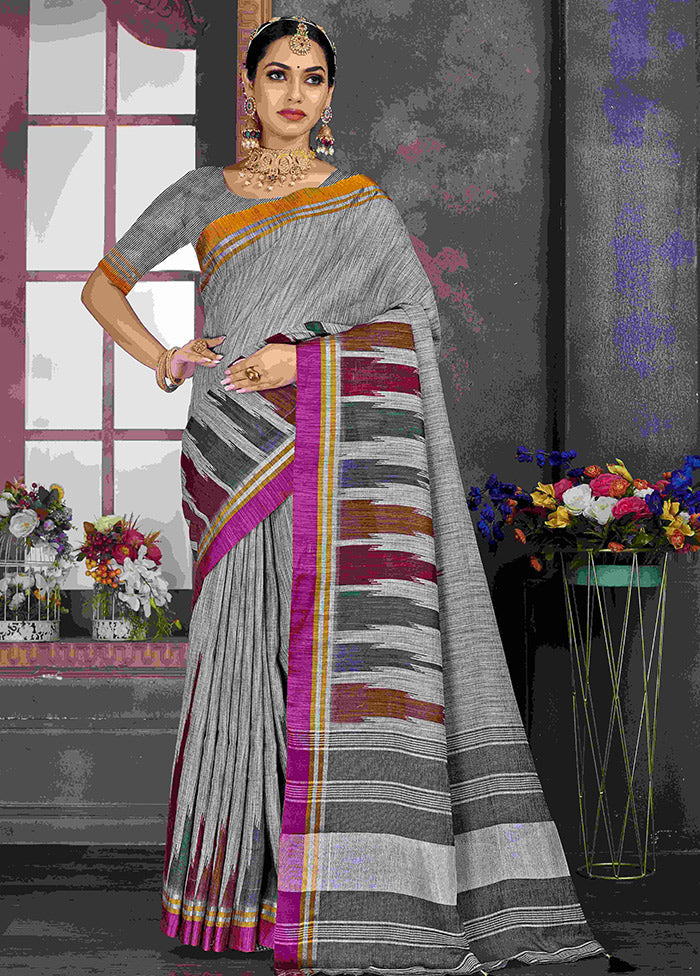 Grey Cotton Saree With Blouse Piece - Indian Silk House Agencies