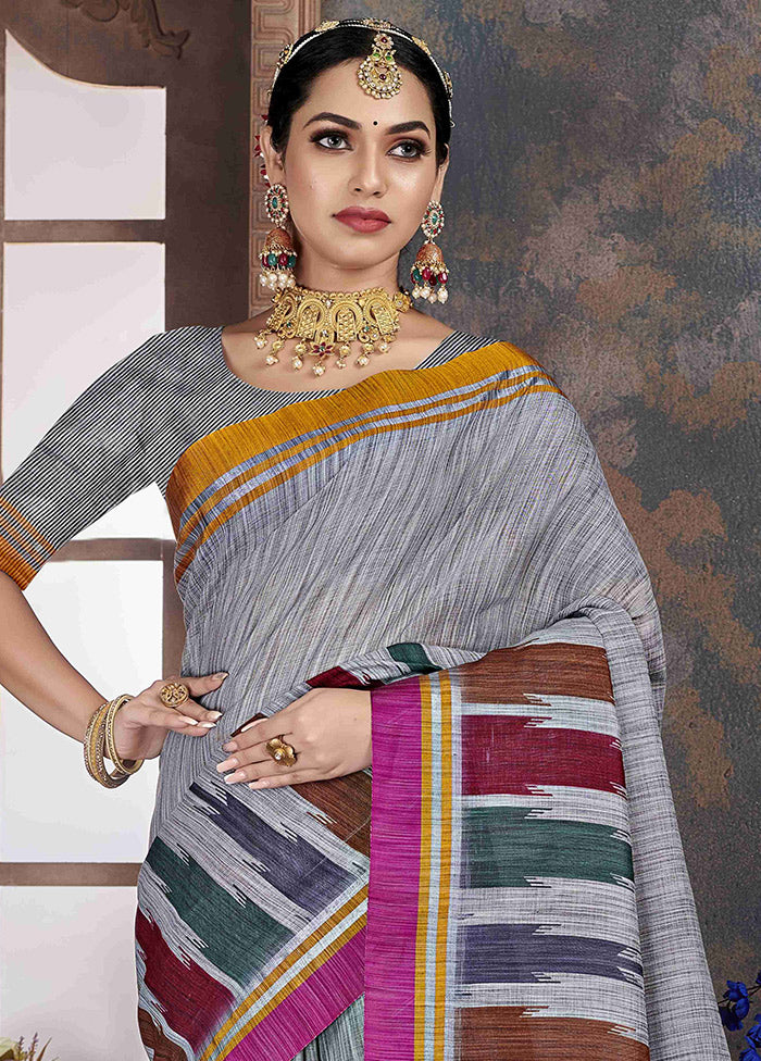 Grey Cotton Saree With Blouse Piece - Indian Silk House Agencies