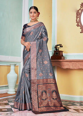 Grey Spun Silk Saree With Blouse Piece - Indian Silk House Agencies