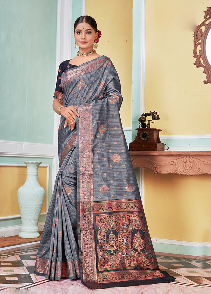 Grey Spun Silk Saree With Blouse Piece - Indian Silk House Agencies