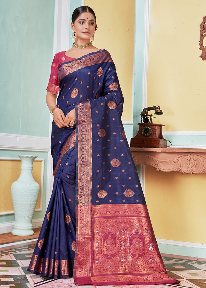 Navy Blue Spun Silk Saree With Blouse Piece - Indian Silk House Agencies