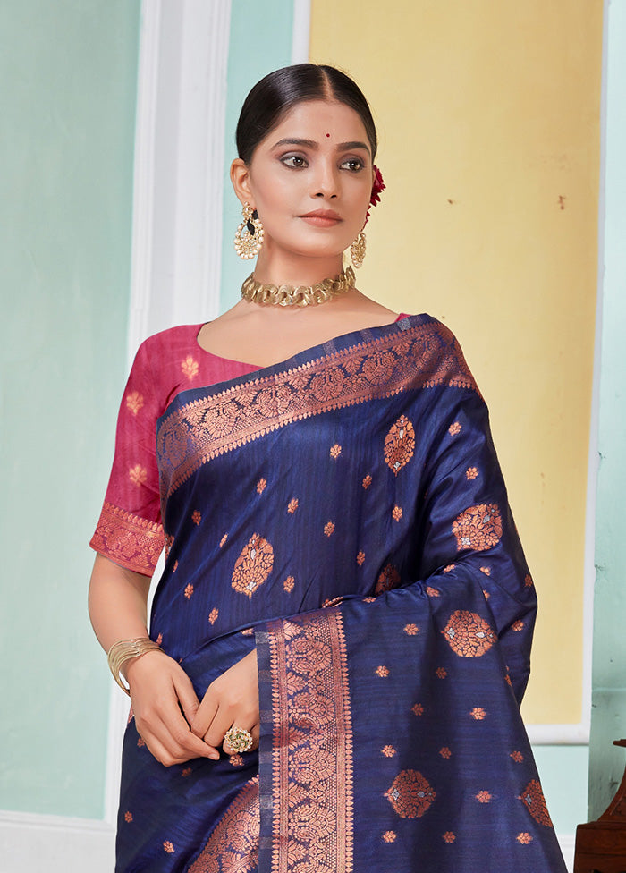 Navy Blue Spun Silk Saree With Blouse Piece - Indian Silk House Agencies