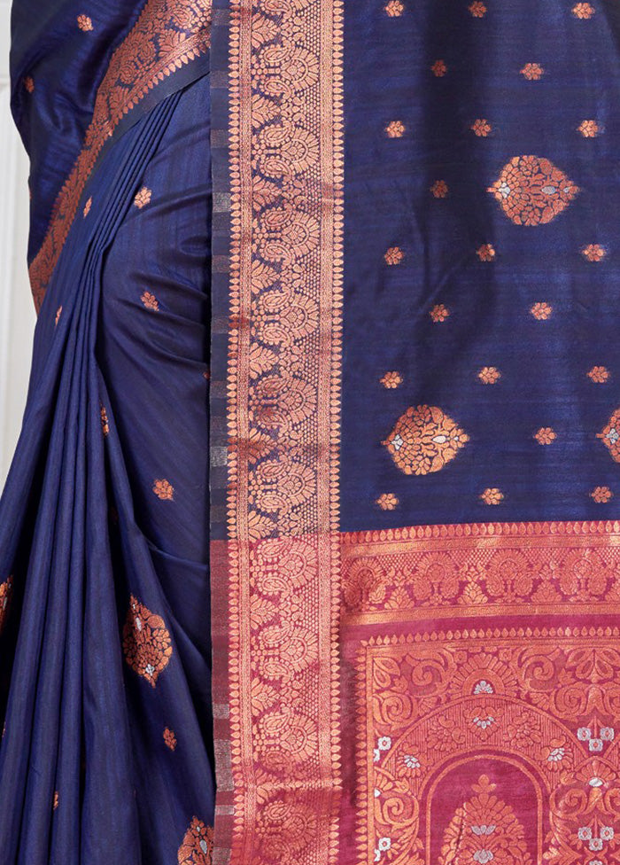 Navy Blue Spun Silk Saree With Blouse Piece - Indian Silk House Agencies