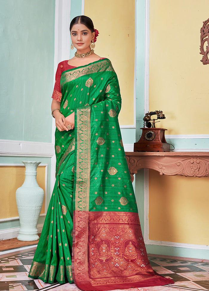 Green Spun Silk Saree With Blouse Piece - Indian Silk House Agencies