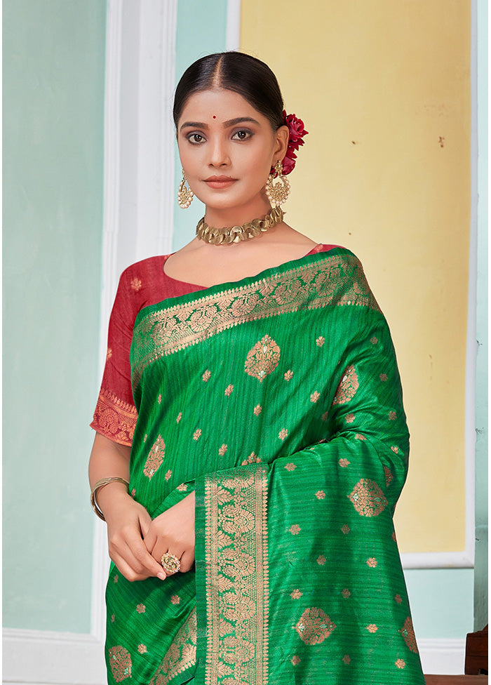 Green Spun Silk Saree With Blouse Piece - Indian Silk House Agencies