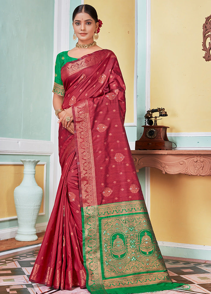 Red Spun Silk Saree With Blouse Piece - Indian Silk House Agencies